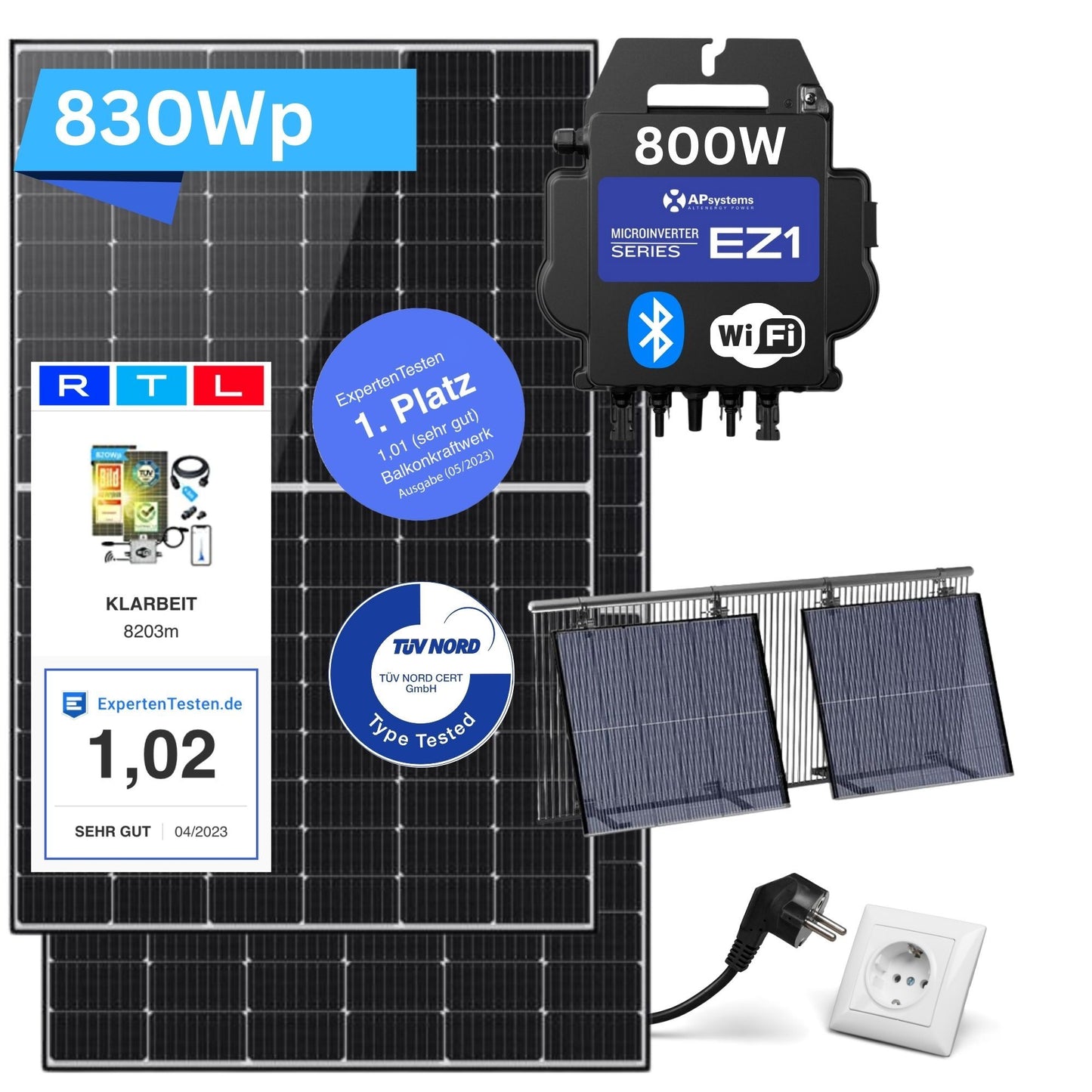 Klarbeit - Balkonkraftwerk 2x Solarmodul 415W + AP Systems 800W + Kabel + 4x Halterung + 4x Mc4 Kabel