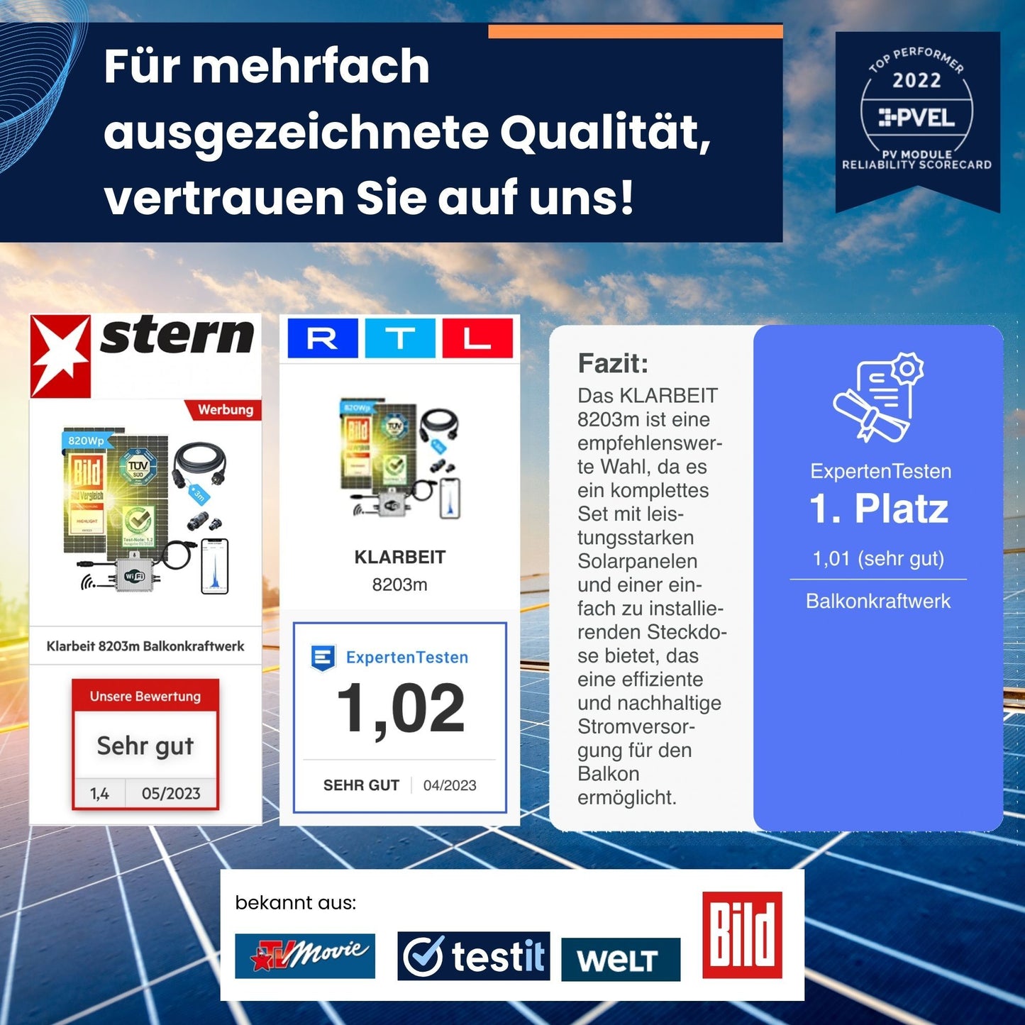 Klarbeit - Balkonkraftwerk 2x Solarmodul 415W + AP Systems 800W + Kabel + 4x Halterung + 4x Mc4 Kabel
