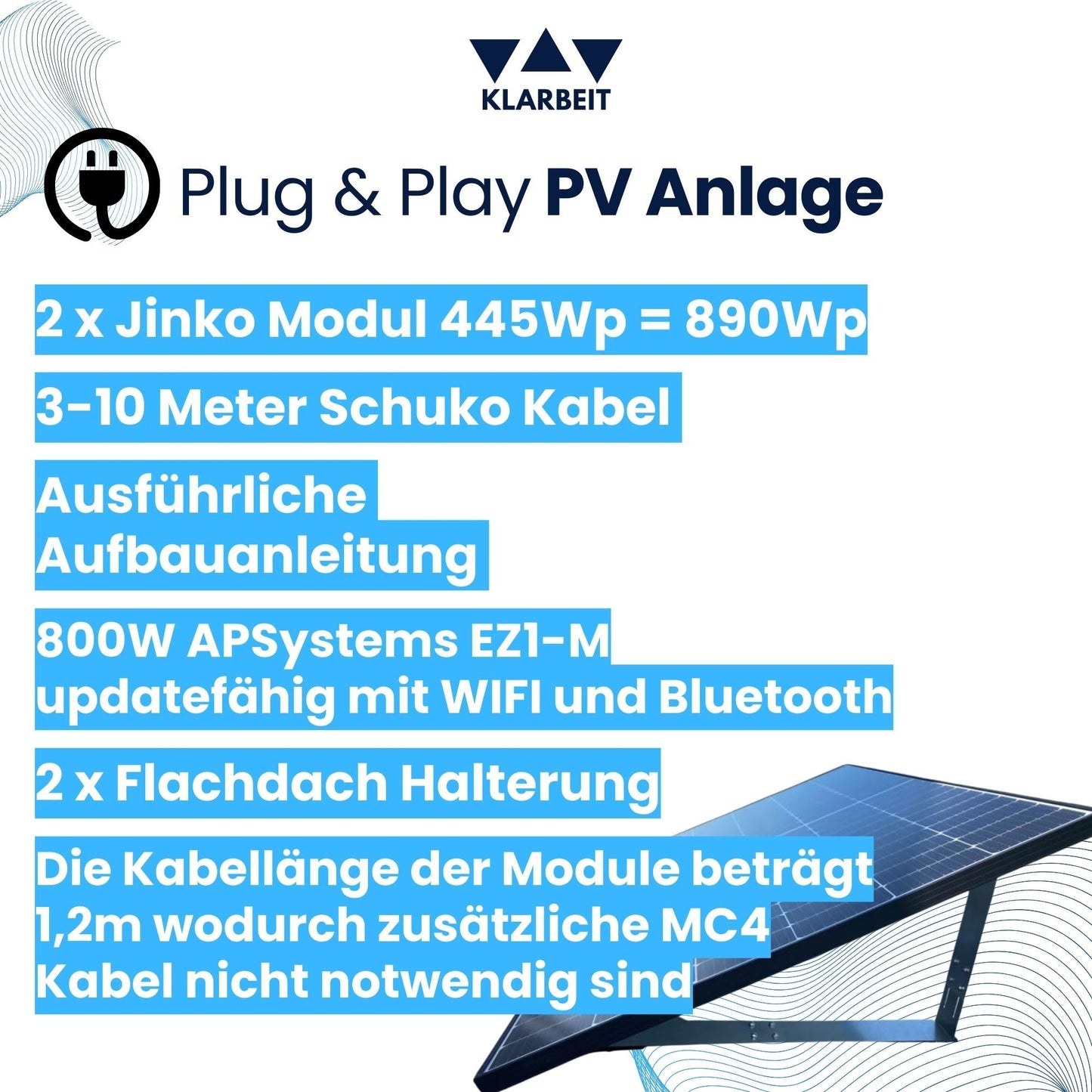 KLARBEIT - 2x Jinko Solar Black Frame 445 Wp + Kabel + AP Systems Inverter 800W + Flat