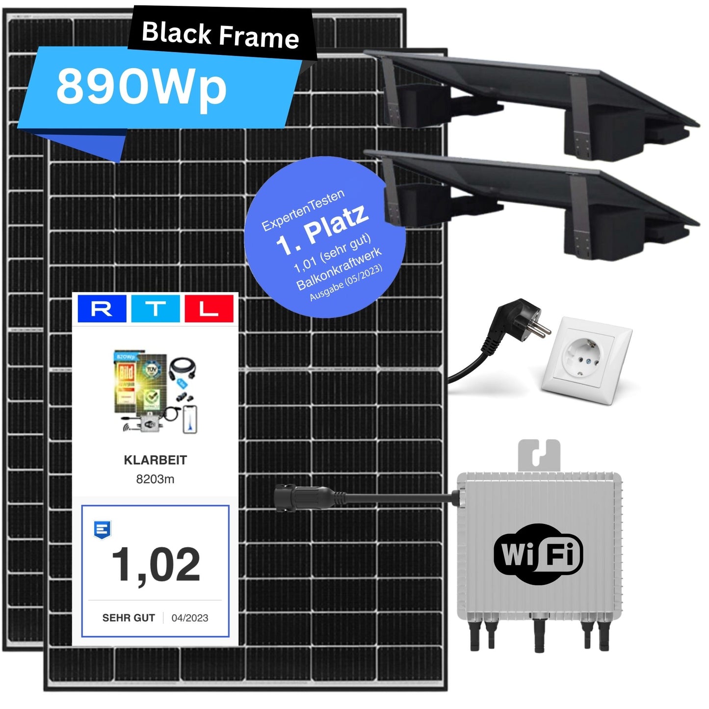 KLARBEIT - 2x Jinko Solar Black Frame 445 Wp + Kabel + Deye Inverter 800W + Flat