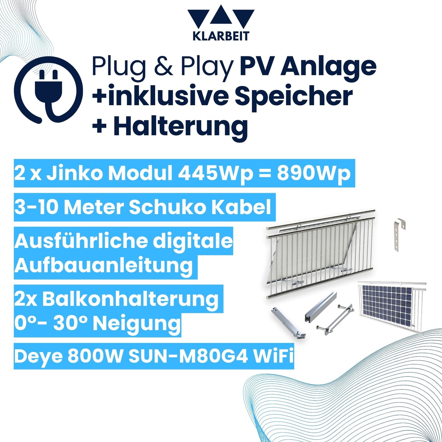 KLARBEIT - 2x Jinko Solar Black Frame 445 Wp + Kabel + Deye Inverter 800W + Flex