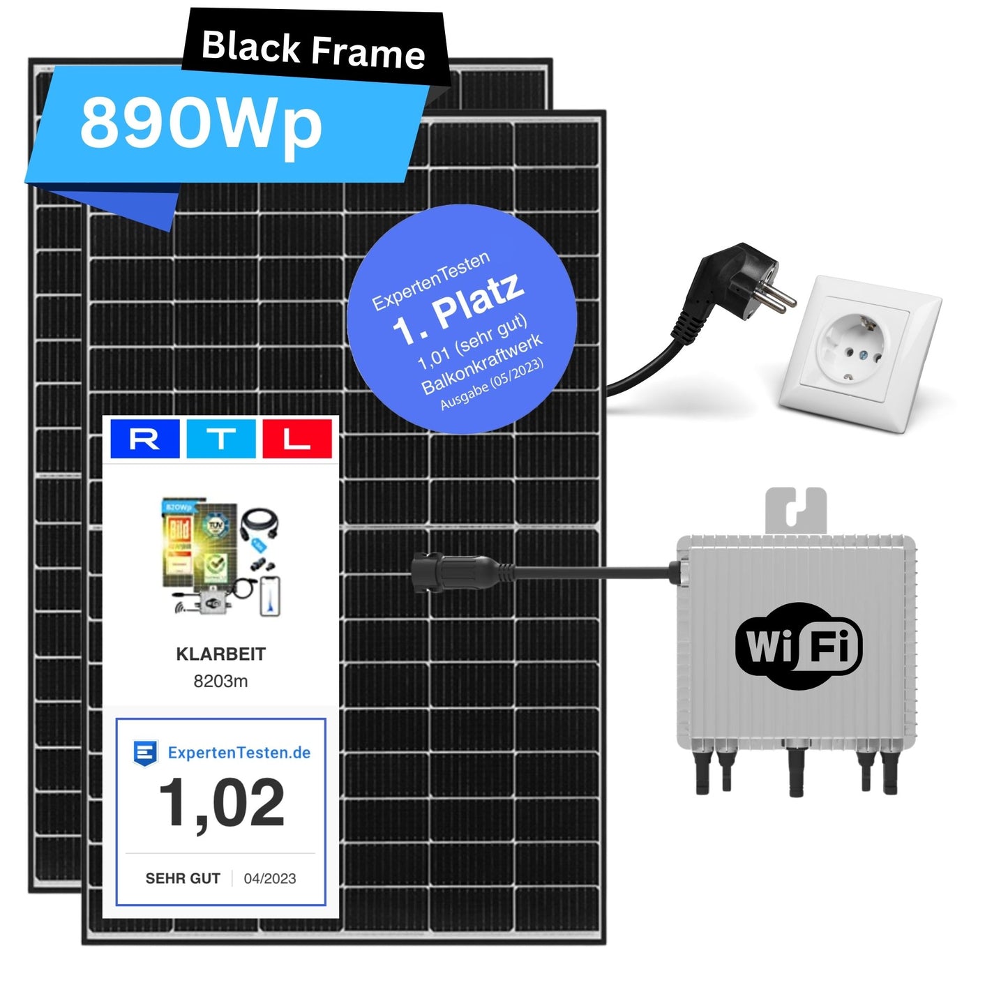 KLARBEIT - 2x Jinko Solar Black Frame 445 Wp + Kabel + Deye Inverter 800W