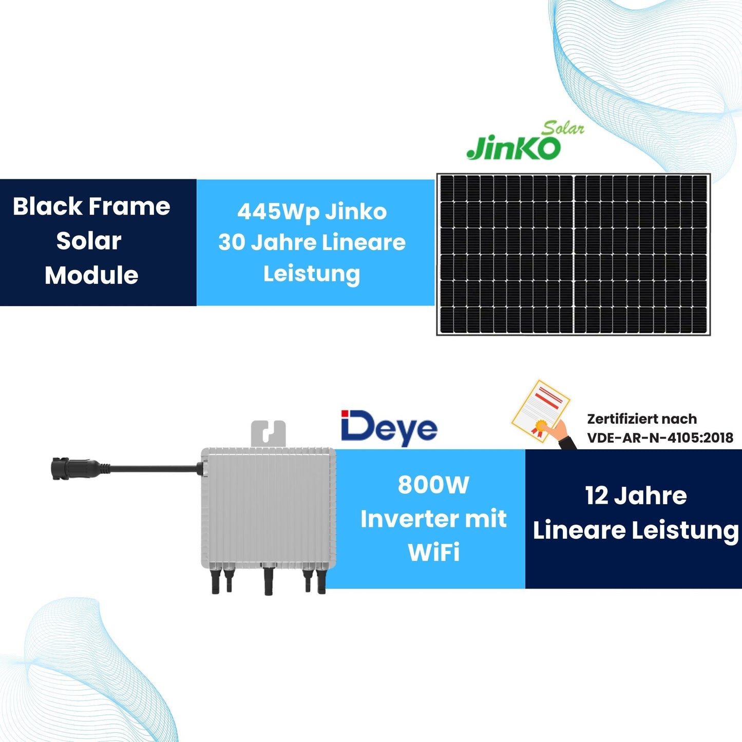 KLARBEIT - 2x Jinko Solar Black Frame 445 Wp + Kabel + Deye Inverter 800W