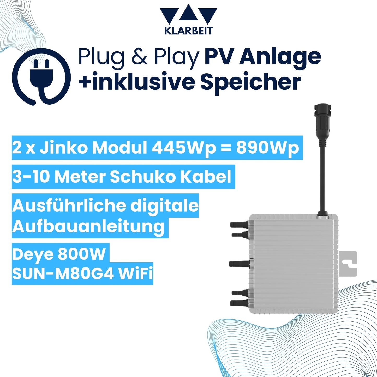 KLARBEIT - 2x Jinko Solar Black Frame 445 Wp + Kabel + Deye Inverter 800W
