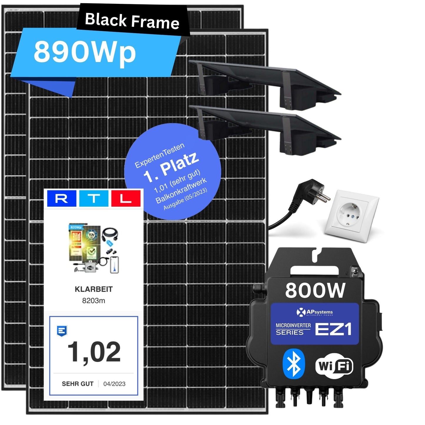 KLARBEIT - 2x Jinko Solar Black Frame 445 Wp + Kabel + AP Systems Inverter 800W + Flat